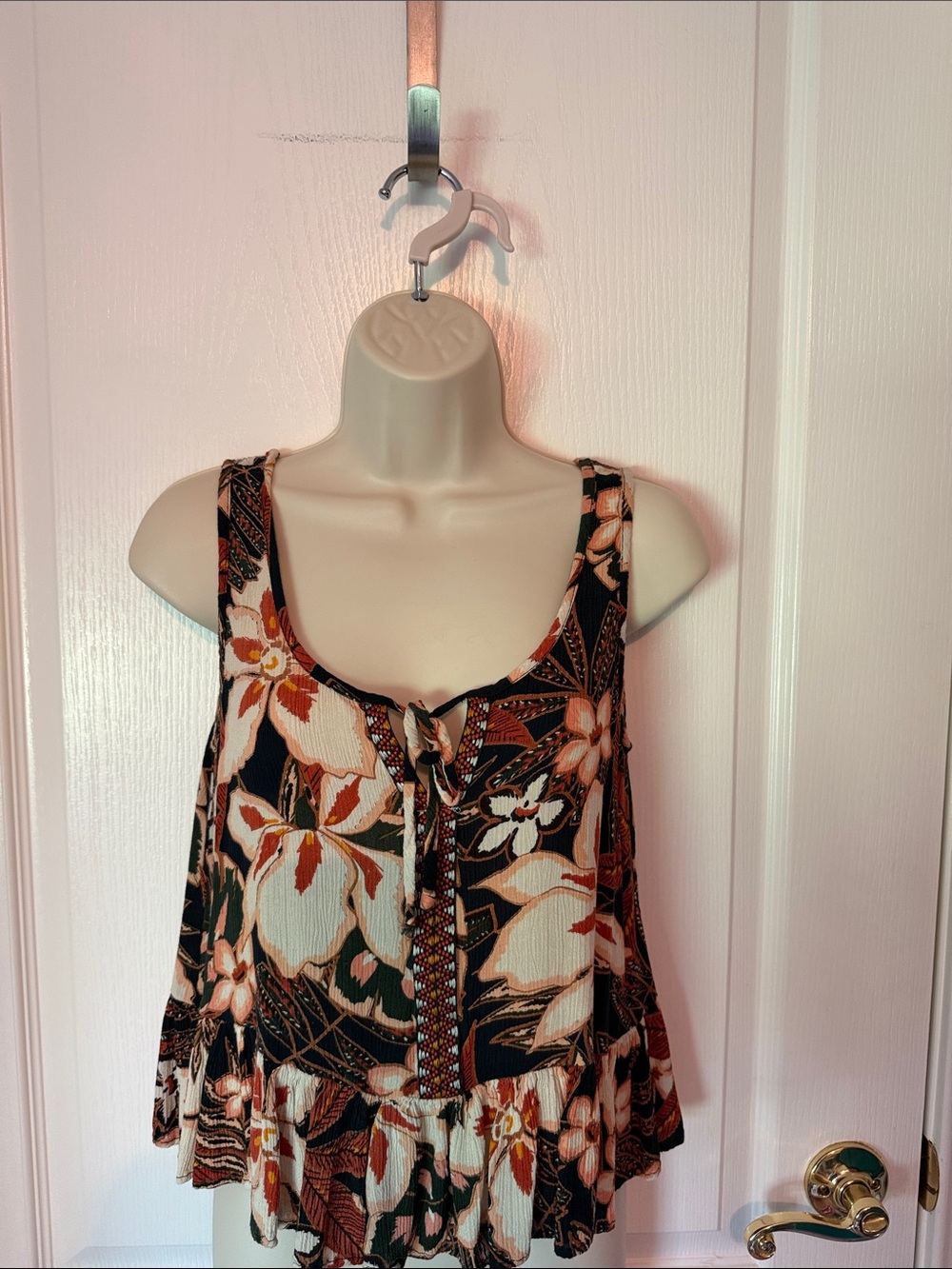 Patrons of Peace Floral Tie-Front Tank Top - Black, Cream & Rust